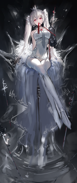 Anime-Bild 1737x4096 mit original nanaponi single long hair tall image looking at viewer fringe highres hair between eyes red eyes twintails bare shoulders holding silver hair full body white hair sleeveless mouth hold black background arm behind back