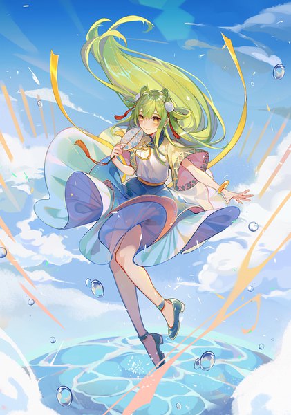 Anime picture 1052x1500 with original machi (7769) single long hair tall image smile yellow eyes sky cloud (clouds) full body green hair flying girl water drop fan paper fan