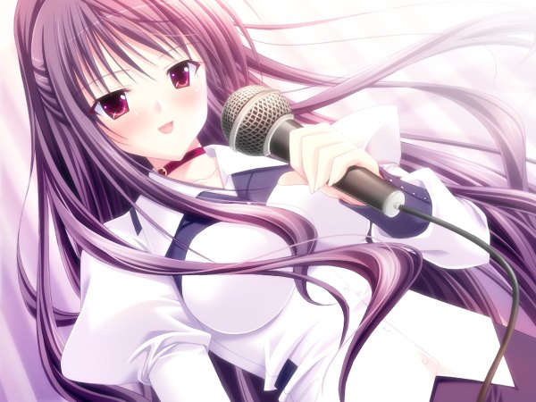 Anime picture 1200x900 with prima stella takasu miyabi long hair breasts light erotic purple eyes purple hair singing girl microphone