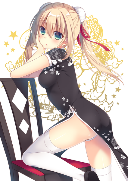 Anime picture 600x847 with original sumisaki yuzuna single long hair tall image looking at viewer blush blue eyes light erotic blonde hair twintails traditional clothes hair bun (hair buns) pantyshot chinese clothes girl thighhighs underwear panties white thighhighs