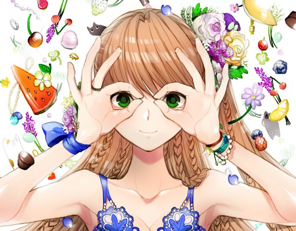 Anime picture 2560x2000 with original kimijima0301 single long hair looking at viewer fringe highres simple background smile white background green eyes cleavage braid (braids) hair flower ok sign girl hair ornament flower (flowers) animal petals