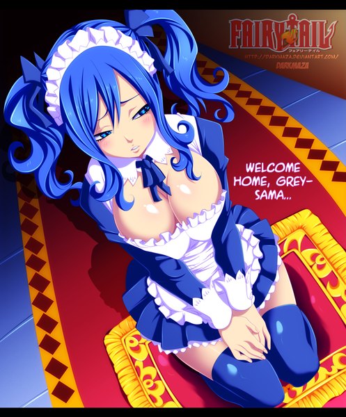 Anime picture 1824x2200 with fairy tail juvia lockser darkmaza single long hair tall image blush highres breasts blue eyes light erotic large breasts twintails blue hair from above inscription maid copyright name kneeling coloring