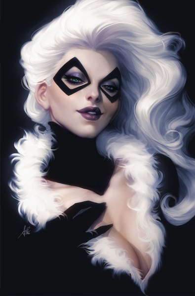 Anime picture 856x1300 with marvel comics spider-man (series) black cat (felicia hardy) artgerm (stanley lau) single long hair tall image looking at viewer breasts light erotic simple background smile large breasts signed cleavage white hair parted lips aqua eyes realistic fur trim