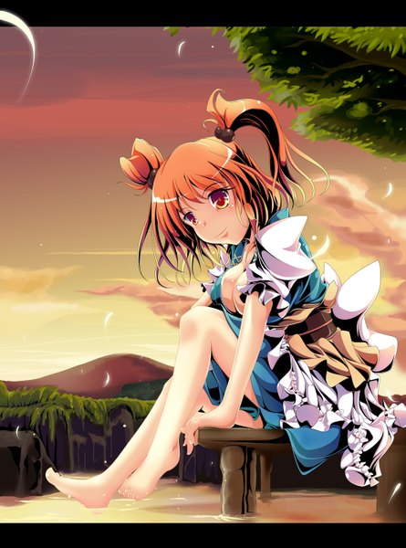 Anime picture 1035x1395 with touhou onozuka komachi ichirino minagi single tall image short hair light erotic smile red eyes twintails red hair barefoot short twintails girl dress water belt