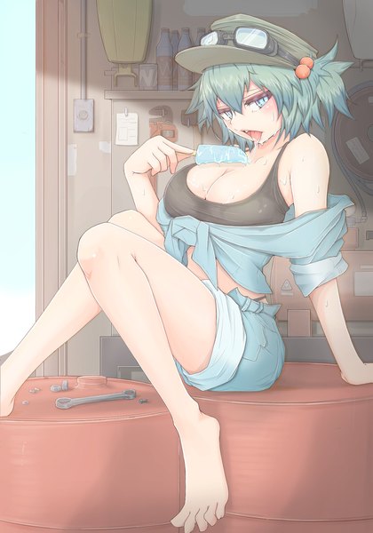 Anime picture 1368x1953 with touhou kawashiro nitori cube85 single tall image looking at viewer fringe short hair breasts open mouth blue eyes light erotic hair between eyes cleavage barefoot green hair off shoulder two side up huge breasts goggles on head