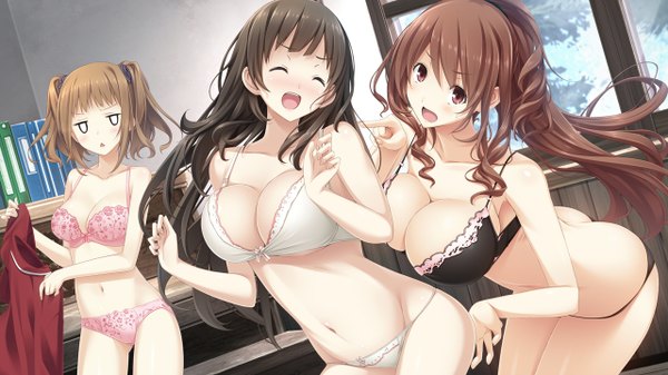 Anime picture 1280x720 with kiss bell giga kajiya ayano takahata chiharu nagatsuda yumi mikoto akemi marui (koedame) long hair looking at viewer blush fringe breasts light erotic black hair red eyes brown hair wide image large breasts standing twintails