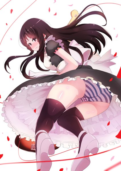 Anime picture 992x1403 with k-on! kyoto animation akiyama mio dream-of-abell single long hair tall image looking at viewer blush light erotic black hair brown eyes maid cameltoe girl thighhighs underwear panties black thighhighs striped panties
