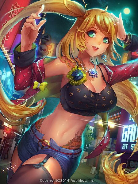 Anime picture 720x960 with original wooju single long hair tall image open mouth light erotic blonde hair green eyes open clothes open jacket midriff tattoo girl thighhighs navel black thighhighs jacket shorts pendant