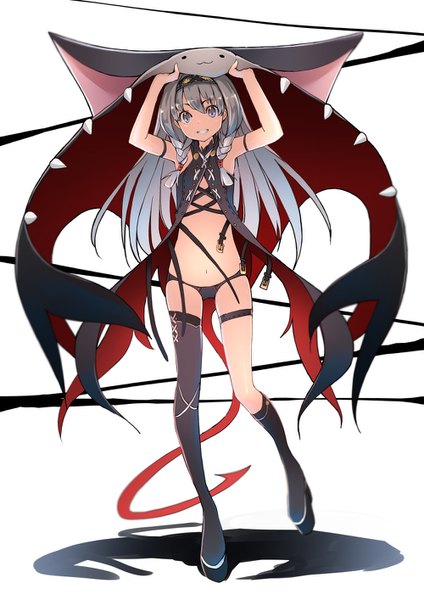 Anime picture 1000x1414 with original noraico single tall image looking at viewer fringe light erotic simple background smile hair between eyes standing white background full body bent knee (knees) tail braid (braids) grey hair blurry open clothes arms up