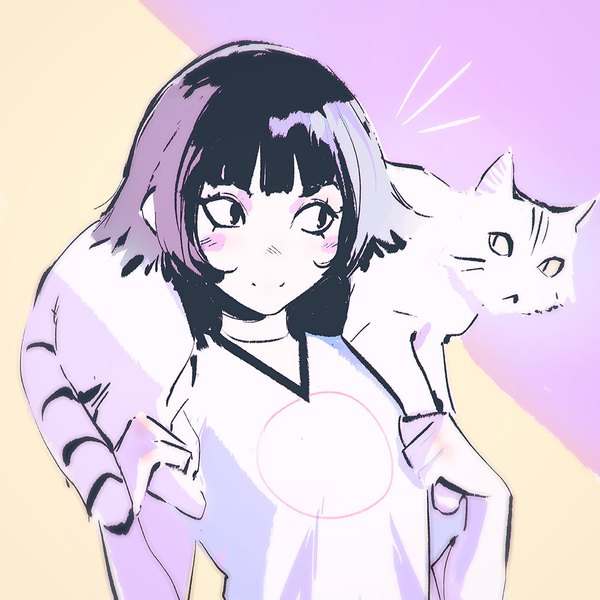 Anime picture 1080x1080 with original ilya kuvshinov single blush fringe short hair simple background smile looking away upper body blunt bangs animal on shoulder partially colored girl animal cat t-shirt whiskers