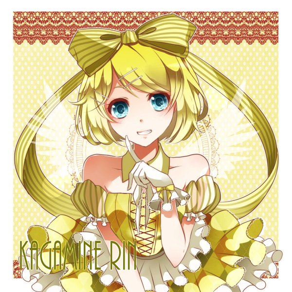 Anime picture 1500x1500 with vocaloid kagamine rin nou single looking at viewer short hair blue eyes blonde hair character names girl dress gloves hair ornament bow hair bow hairclip