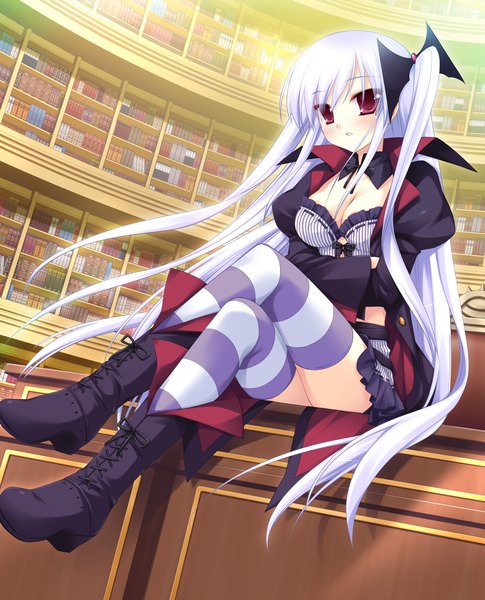 Anime picture 1920x2374 with hyper highspeed genius akechi hikari single long hair tall image blush highres red eyes game cg white hair one side up girl thighhighs striped thighhighs