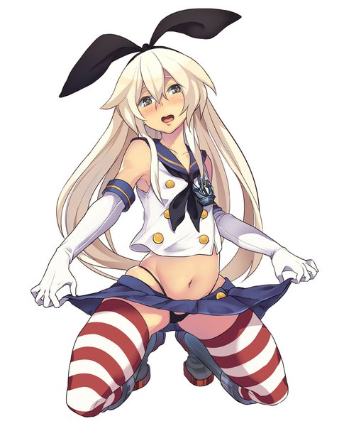Anime picture 850x1051 with kantai collection shimakaze destroyer takayanagi katsuya single long hair tall image blush open mouth light erotic simple background blonde hair white background pleated skirt grey eyes kneeling upskirt girl thighhighs skirt gloves