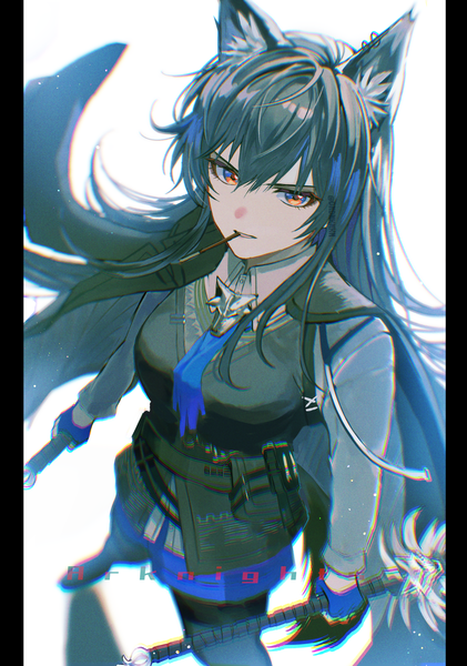 Anime picture 1664x2372 with arknights texas (arknights) texas the omertosa (arknights) nuu (liebe sk) single long hair tall image fringe black hair hair between eyes red eyes holding animal ears tail animal tail from above copyright name mouth hold wolf ears wolf tail