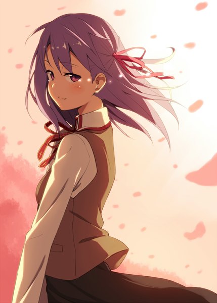 Anime picture 800x1119 with fate (series) fate/stay night type-moon matou sakura kinta (distortion) single long hair tall image looking at viewer blush fringe smile red eyes purple hair wind sunlight tears sunbeam girl skirt
