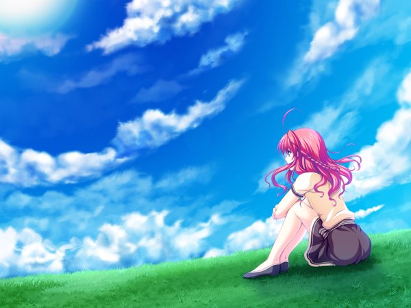 イラスト 1600x1200 と fake azure arcology orikura rio 浅海朝美 ソロ 長髪 座る looking away game cg 空 cloud (clouds) 全身 アホ毛 outdoors 赤髪 三つ編み 風 short sleeves horizon 女の子 植物