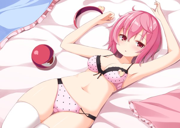 Anime picture 1200x853 with touhou komeiji satori ominaeshi (takenoko) single looking at viewer blush fringe short hair light erotic red eyes pink hair lying from above arms up armpit (armpits) on back underwear only thighs girl thighhighs