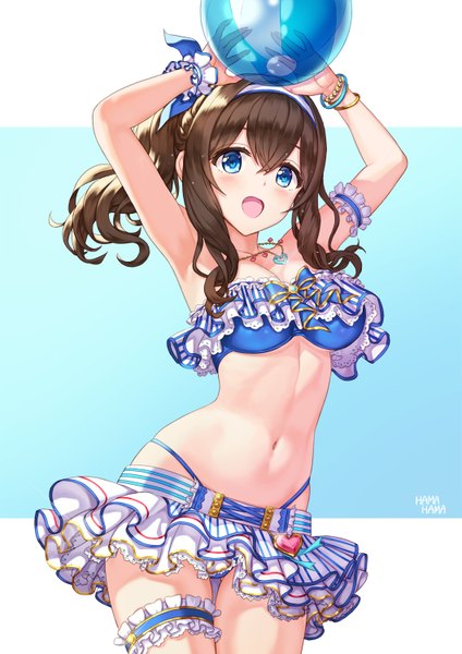 Anime picture 1060x1500 with idolmaster idolmaster cinderella girls idolmaster cinderella girls starlight stage sagisawa fumika hhama single long hair tall image looking at viewer blush fringe breasts open mouth blue eyes light erotic simple background smile hair between eyes brown hair standing