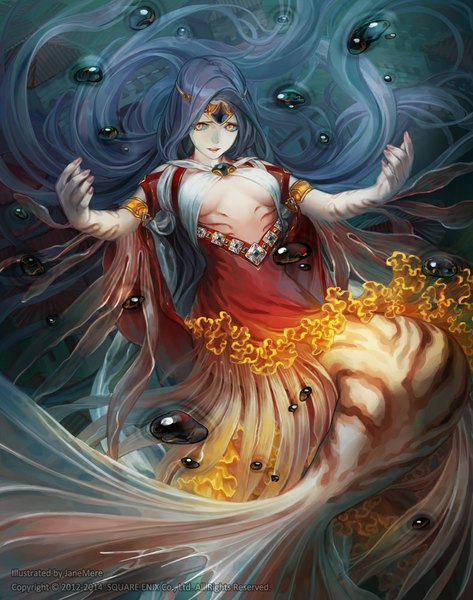 Anime picture 788x1000 with guardian cross jane mere single tall image looking at viewer breasts open mouth light erotic blue hair very long hair nail polish inscription orange eyes girl frills jewelry bubble (bubbles) brooch mermaid