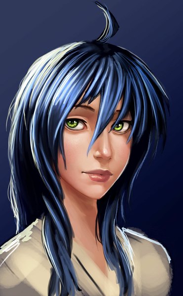 Anime picture 704x1136 with carlos eduardo single long hair tall image simple background green eyes blue hair looking away lips girl