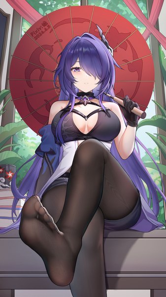 Anime picture 2953x5250 with honkai: star rail honkai (series) acheron (honkai: star rail) wei (pixiv53355564) single long hair tall image looking at viewer fringe highres breasts light erotic sitting purple eyes bare shoulders holding signed purple hair bent knee (knees) parted lips