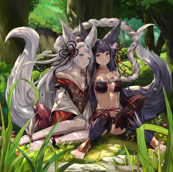 Anime picture 2000x1989 with granblue fantasy yuel (granblue fantasy) socie (granblue fantasy) basil (st 1) long hair looking at viewer blush fringe highres breasts blue eyes light erotic black hair smile red eyes large breasts sitting bare shoulders multiple girls animal ears