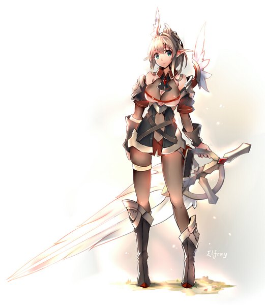 Anime picture 800x920 with original pixiv fantasia pixiv fantasia t windforcelan single long hair tall image looking at viewer blue eyes blonde hair holding signed ponytail pointy ears character names girl weapon sword wings boots
