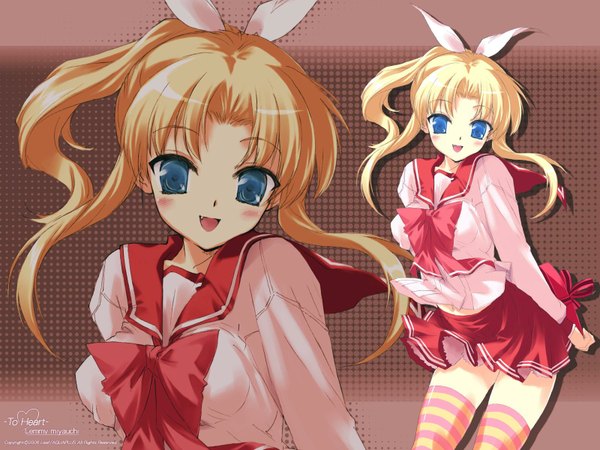 Anime picture 1600x1200 with to heart miyauchi lemmy kawata hisashi single long hair looking at viewer blush open mouth blue eyes blonde hair payot ponytail :d fang (fangs) copyright name character names zoom layer 2006 girl thighhighs