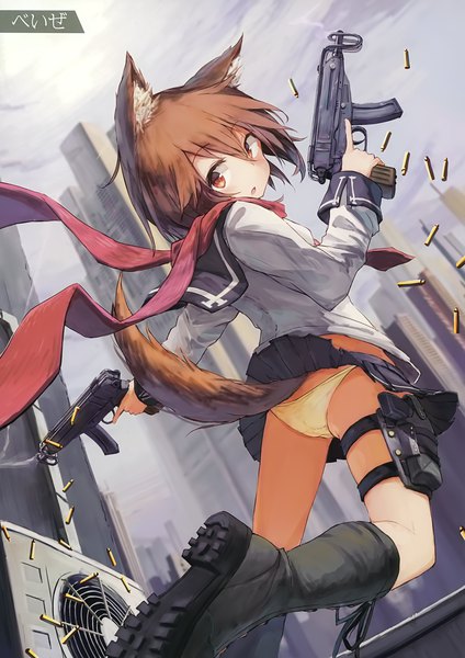 Anime picture 2472x3500 with melonbooks beize (garbage) single tall image blush highres short hair open mouth light erotic brown hair brown eyes animal ears tail animal tail looking back scan skirt lift girl skirt uniform