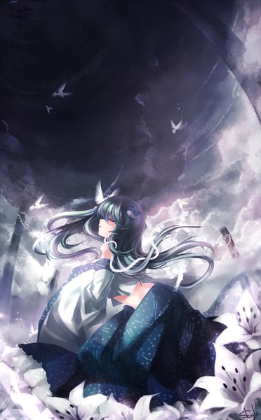 Anime picture 930x1500 with touhou kochiya sanae skade single long hair tall image fringe sky cloud (clouds) eyes closed traditional clothes green hair dark background flying girl flower (flowers) detached sleeves animal bird (birds) snake