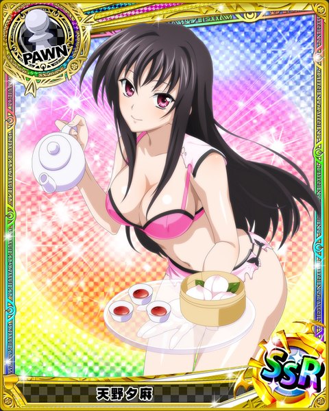 Anime picture 640x800 with highschool dxd raynare (dxd) single long hair tall image looking at viewer breasts light erotic black hair purple eyes traditional clothes chinese clothes card (medium) girl skirt underwear panties miniskirt food lingerie