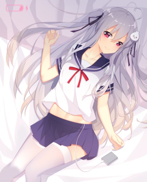 Anime picture 1000x1237 with niliu chahui tokisaki mio jyt single long hair tall image looking at viewer fringe light erotic smile hair between eyes red eyes payot ahoge lying grey hair shadow midriff on back two side up