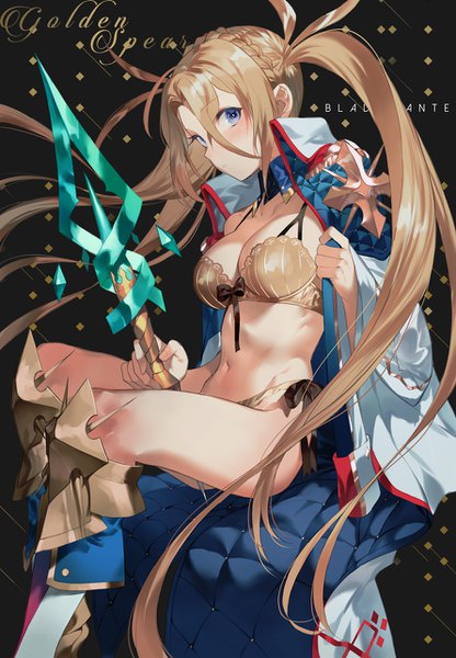 Anime picture 890x1282 with fate (series) fate/grand order bradamante (fate/grand order) salmon88 single tall image looking at viewer blush fringe breasts blue eyes light erotic simple background blonde hair hair between eyes large breasts sitting twintails holding cleavage
