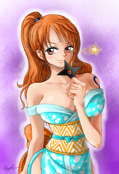Anime picture 1720x2512 with one piece toei animation nami (one piece) ediptus single long hair tall image blush fringe highres breasts light erotic simple background large breasts standing bare shoulders holding brown eyes signed payot
