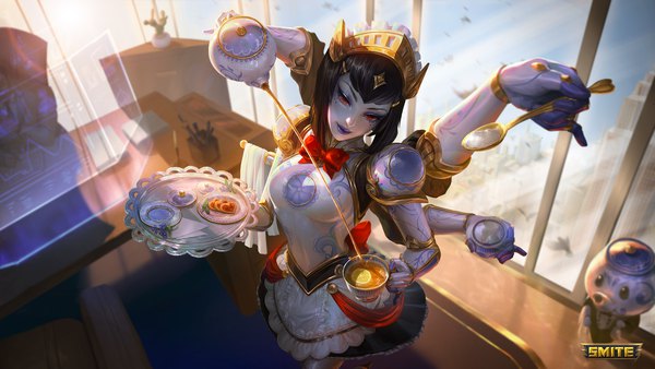 Anime picture 2000x1125 with smite (game) discordia (smite) ina wong single highres short hair black hair red eyes wide image maid depth of field copyright name lipstick official alternate costume makeup purple lipstick pouring extra arms girl uniform