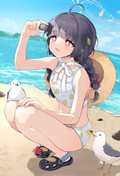Anime picture 2026x2979 with blue archive miyu (blue archive) miyu (swimsuit) (blue archive) yamaha tsui single long hair tall image highres black hair red eyes holding full body ahoge braid (braids) arm up beach twin braids official alternate costume squat hand on knee
