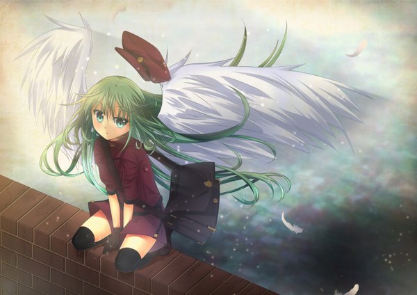 Anime picture 1500x1060 with original aliceword single long hair looking at viewer blush open mouth sitting aqua eyes green hair sunlight :o kneeling between legs girl skirt gloves uniform hat wings