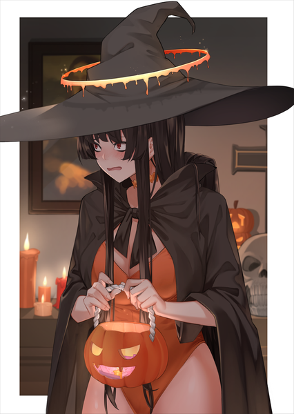 Anime picture 950x1338 with blue archive tsurugi (blue archive) nonh (wormoftank) single long hair tall image light erotic black hair red eyes standing holding looking away indoors border halloween outside border girl hat cape halo