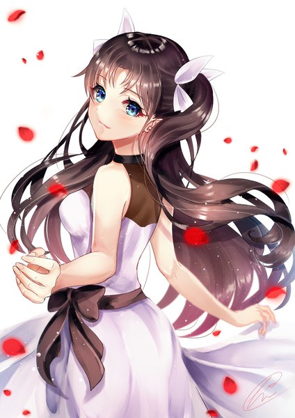 Anime picture 1076x1522 with fate (series) fate/stay night toosaka rin chiachun0621 single long hair tall image looking at viewer blush fringe blue eyes black hair white background signed light smile two side up alternate costume floating hair shiny girl