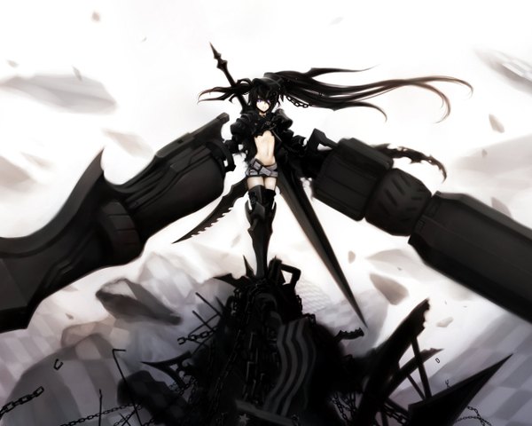 Anime picture 1280x1024 with black rock shooter black rock shooter (character) insane black rock shooter single long hair fringe black hair purple eyes hair over one eye girl navel weapon sword gun thigh boots chain huge weapon