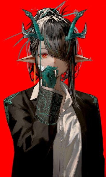 Anime picture 1604x2680 with arknights dusk (arknights) ganet p single long hair tall image looking at viewer fringe black hair simple background red eyes upper body horn (horns) pointy ears hair over one eye red background expressionless smoking bandaid on face girl