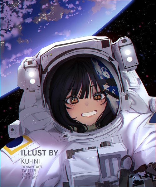 Anime picture 1310x1573 with original ku-ini single tall image looking at viewer blush fringe short hair black hair smile brown eyes signed cloud (clouds) upper body blunt bangs teeth grin text reflection english