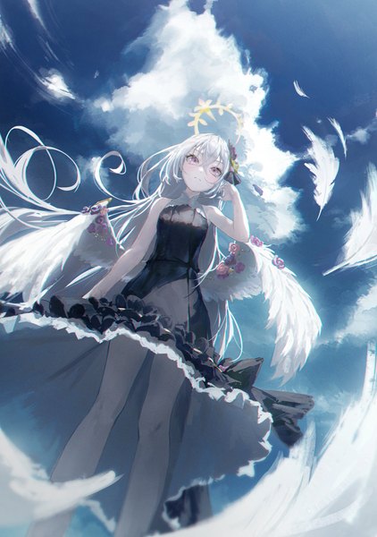 Anime picture 4724x6711 with blue archive azusa (blue archive) matsogum single long hair tall image fringe highres hair between eyes standing purple eyes absurdres sky silver hair cloud (clouds) from below sleeveless white wings girl dress