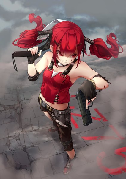 Anime picture 2480x3508 with girls frontline cz-75 (girls frontline) miki06 single long hair tall image fringe highres hair between eyes red eyes standing twintails bare shoulders holding looking away full body red hair blunt bangs from above light smile