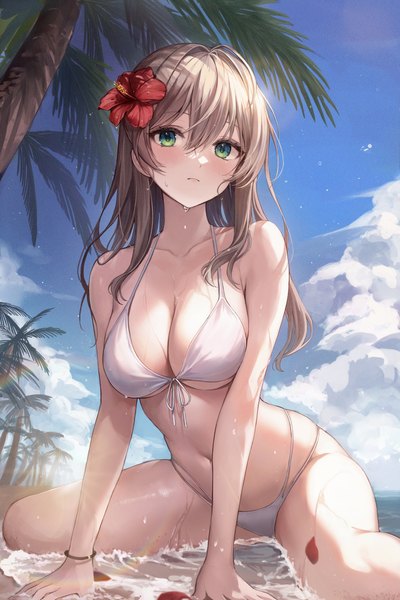 Anime picture 2731x4096 with original yuna (deadawon) single long hair tall image looking at viewer blush fringe highres breasts light erotic hair between eyes brown hair large breasts sitting green eyes sky cloud (clouds) outdoors aqua eyes