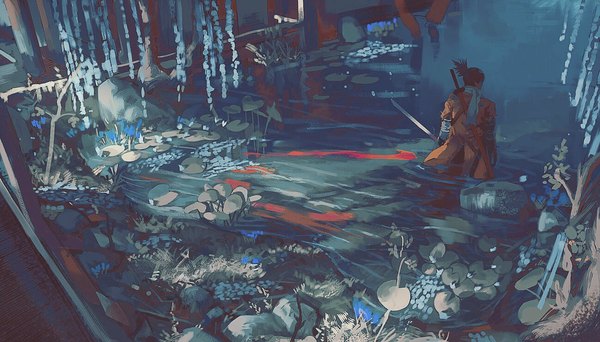 Anime picture 1300x741 with sekiro: shadows die twice from software sekiro klegsart single short hair black hair wide image outdoors ponytail from above from behind partially submerged boy weapon sword water katana