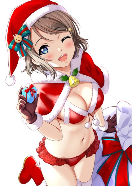 Anime picture 853x1200 with love live! sunshine!! sunrise (studio) love live! watanabe you rozen5 single tall image looking at viewer blush short hair breasts open mouth blue eyes light erotic simple background smile large breasts standing white background holding