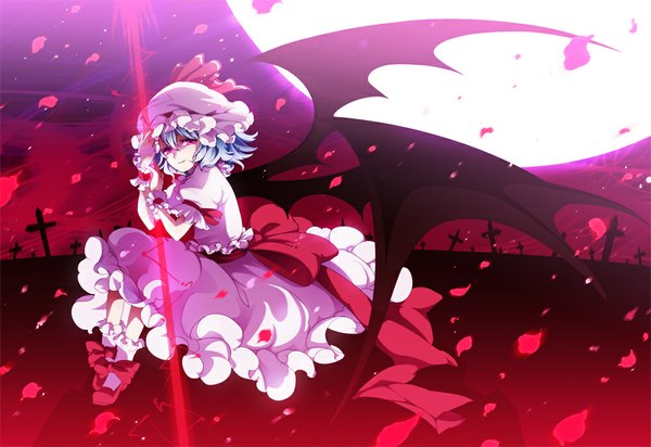 Anime picture 1000x687 with touhou remilia scarlet double click single short hair smile blue hair pink eyes red background bat wings girl dress gloves bow petals wings socks shoes moon white socks
