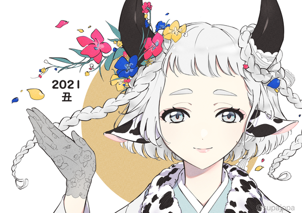 Anime picture 1684x1191 with original hua (supa jopa) single looking at viewer short hair smile signed animal ears silver hair upper body braid (braids) hair flower horn (horns) twitter username new year silver eyes 2021 cow ears girl gloves