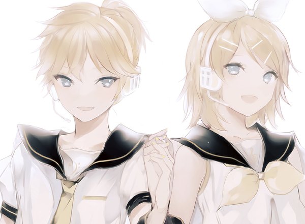 Anime picture 1000x736 with vocaloid kagamine rin kagamine len lpip looking at viewer fringe short hair blonde hair white background looking away :d aqua eyes holding hands twins brother and sister girl boy hair ornament hairband headphones